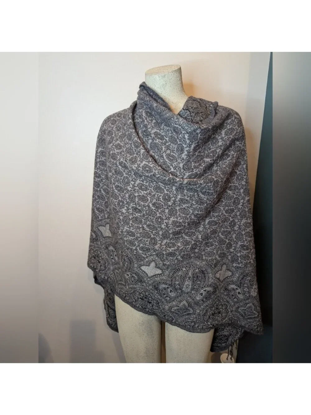 Wool Scarf Wrap With Paisley Jacquard Design Gray & Black  Soft Merino Wool